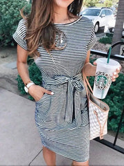 LIZAKOSHT  -  Casual Striped Women's T-irt Dr O-Ne ort Sve CleanFit H-Sle Midlife Autumn CiWalk Linen Blend Casual Gown