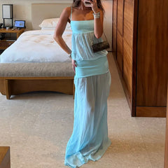 LIZAKOSHT  -  Elegant Off Shoulder Suspenders Dress Women's Sexy Sleeveless Mesh Patchwork Solid Gowns Fashion Hight Waist Vacation Long Dress