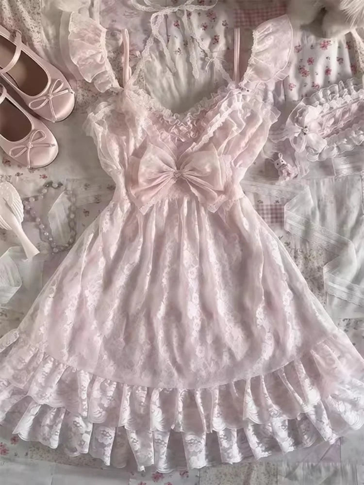 LIZAKOSHT  -  Summer Sweet New Pink Bow Dress Suit Women's Fashion Kawaii Cute Lace Overclothes France Designer Slim A-line Sling Dresses