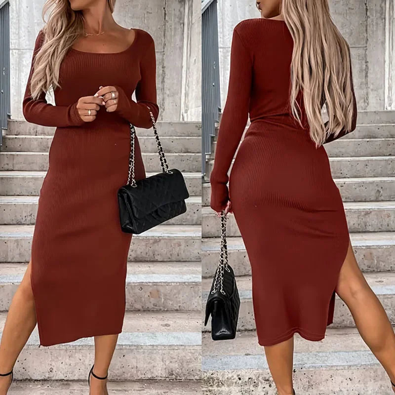 LIZAKOSHT  -  Women Fashion U-neck Hight Waist Wrap Hip Dress Casual Long Sleeve Split Solid Party Dress Autumn Winter Elegant Rib Long Dress