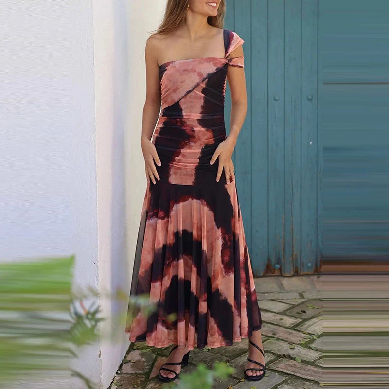 LIZAKOSHT  -  Elegant Sleeveless Hight Waist Slim Fit Gowns Women Fashion Draped Long Party Dresses Sexy Strapless Pattern Print Summer Dress