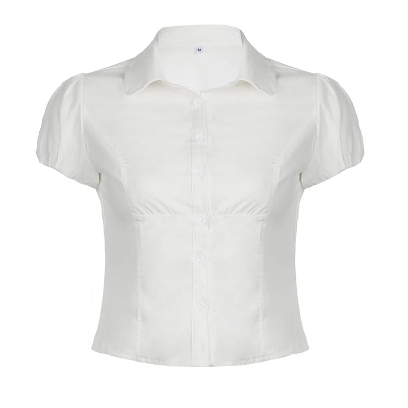 LIZAKOSHT  -  Casual Solid Tee Shirts for Women Turn-down Collar Button Up Corset Blouses Korean Short Sleeves Fashion Cute Tops