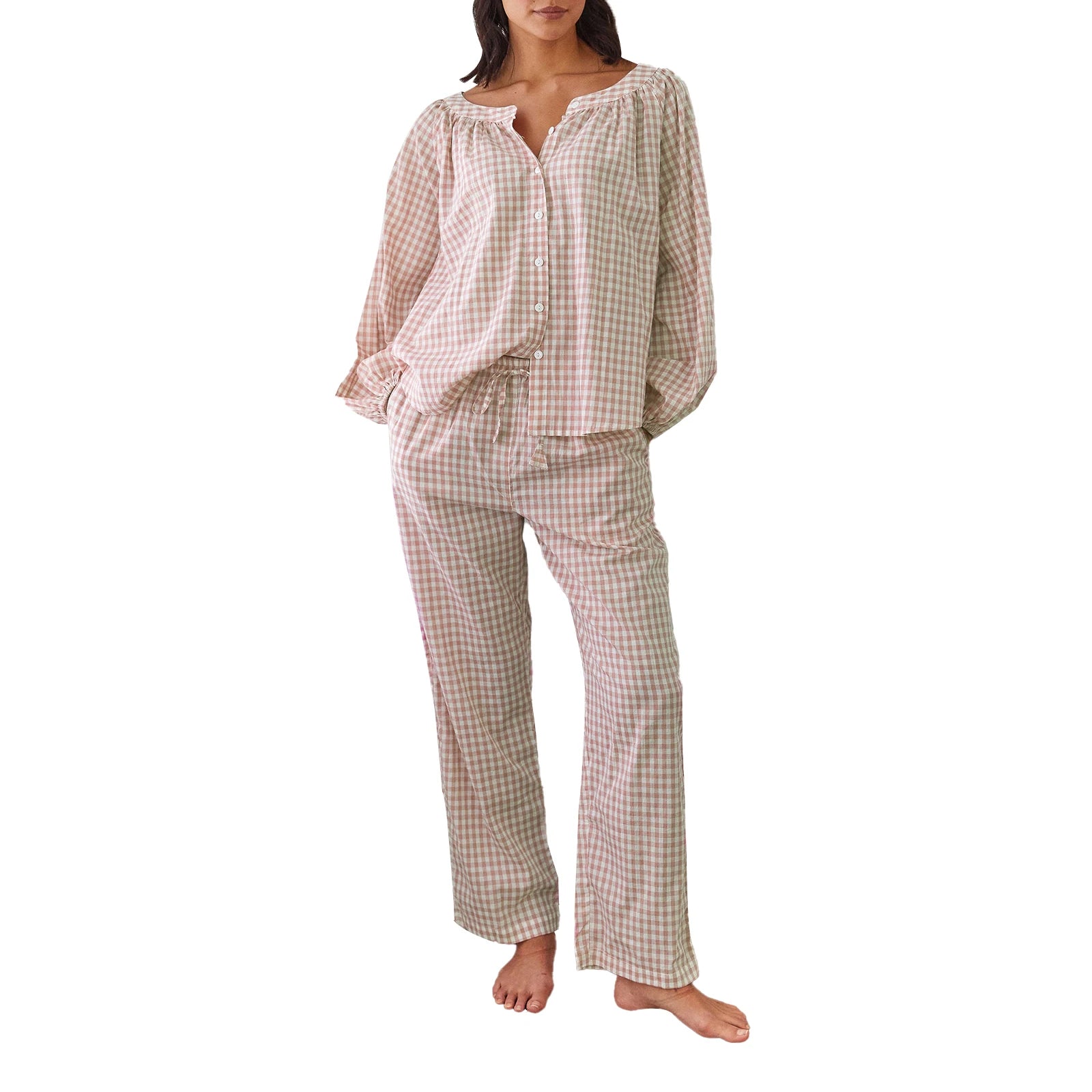 LIZAKOSHT  -  Women s Cozy Plaid Print Pajama Set with Long Lantern Sleeves and Elastic Waistband - Button Down Top and Lounge Pants for Fall