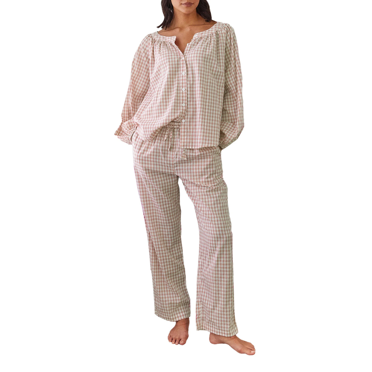LIZAKOSHT  -  Women s Cozy Plaid Print Pajama Set with Long Lantern Sleeves and Elastic Waistband - Button Down Top and Lounge Pants for Fall