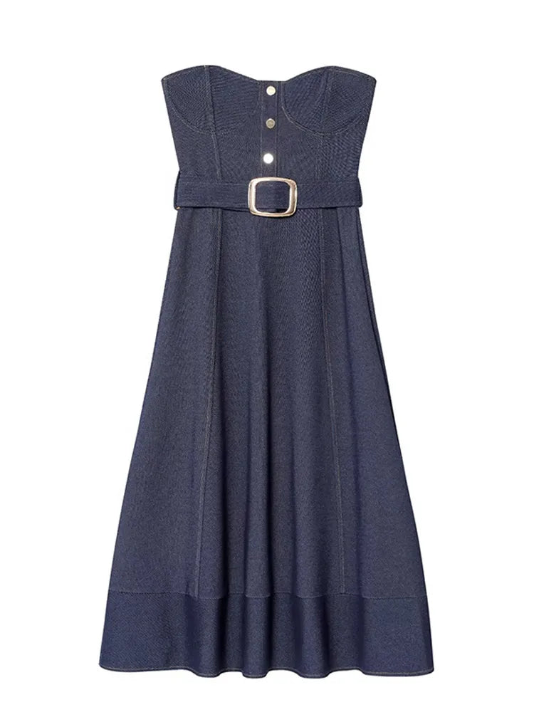 LIZAKOSHT  -  Belt Blue Casual Strapless Dresses Women Chic Sleeveless Backless High Waist A-line Midi Dress Lady New Highstreet Vestidos
