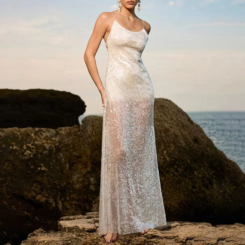 LIZAKOSHT  -  Fashion Solid Sequined Slip Maxi Dress For Women Sexy Sleeveless Backless Floor-length Dress Lady Shinning Evening Vestidos