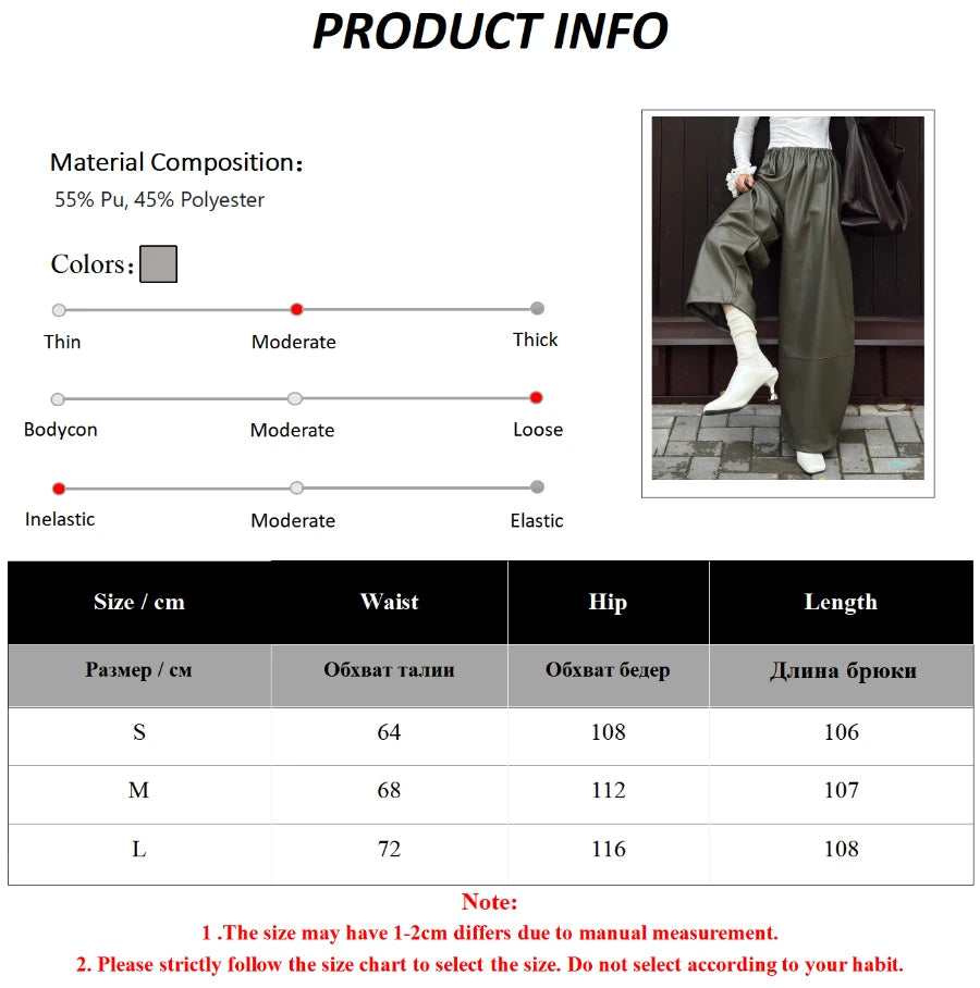 LIZAKOSHT  -  Womens Autumn Winter PU Lantern Pants Elegant Lazy Drawstring Casual Army Green Wide Leg Leather Pants
