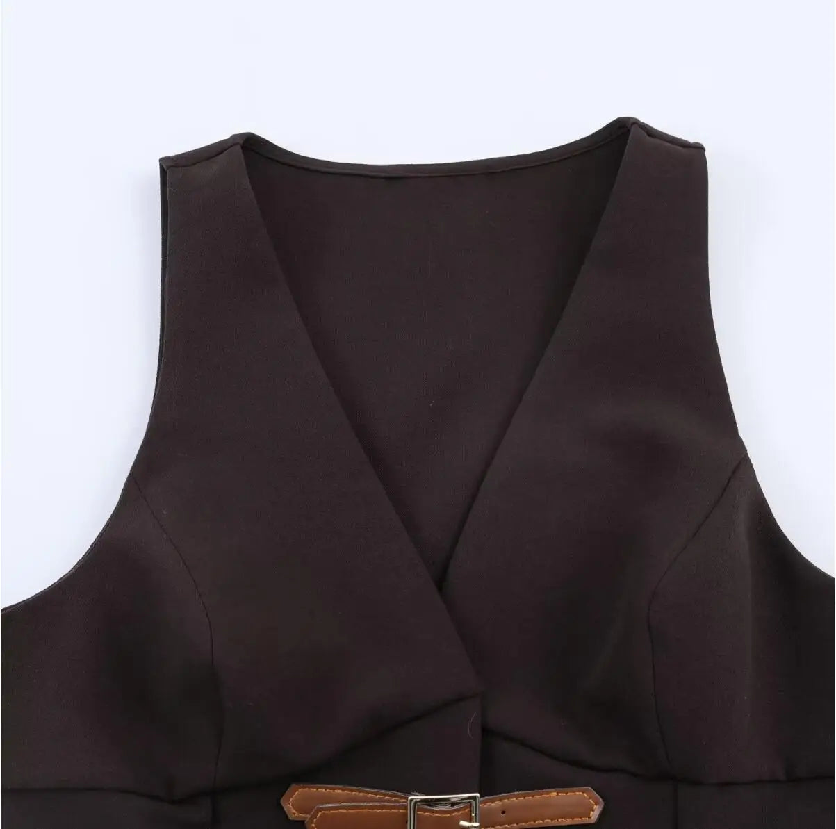 LIZAKOSHT  -  Vintage Deep Brown Buckle Buttons V neck Waistcoat Women OL Vest Jacket Outfits Casual Vacation Loose Tops