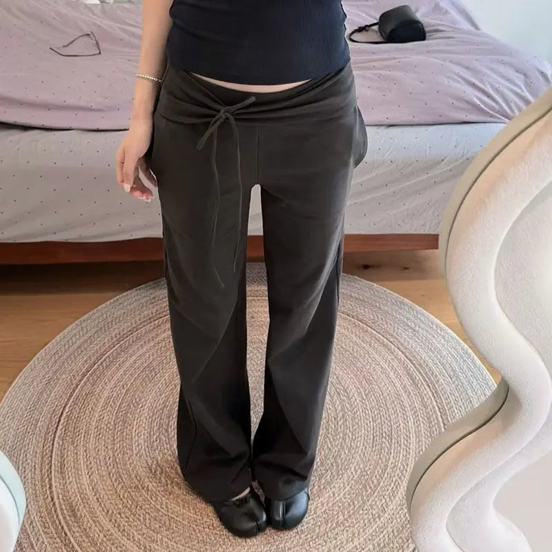 LIZAKOSHT  -   Korean Style Elegant Women Pants Baggy Lace Up Ruffles Sexy Low Waist Slim Casual Trousers Coquette Straight Pantalones