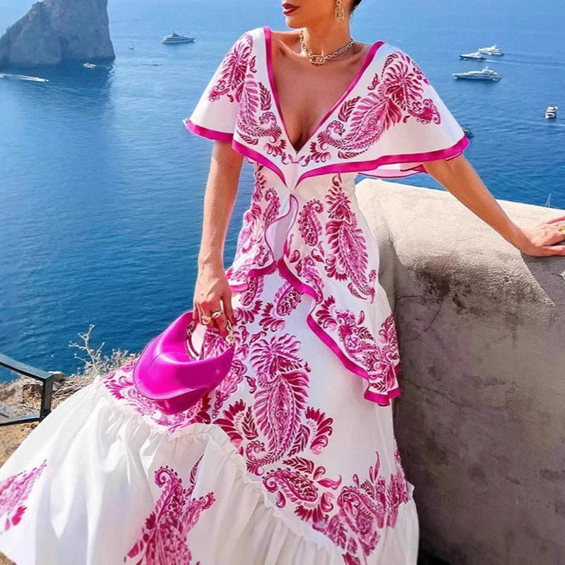 LIZAKOSHT  -  Women Casual Short Sleeve Pleated Long Dress 2025 Fashion Pattern Print Party Dress Elegant Deep V-neck Ruffle Bohemian Dresses