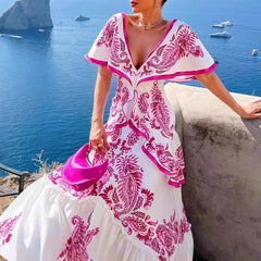 LIZAKOSHT  -  Women Casual Short Sleeve Pleated Long Dress 2025 Fashion Pattern Print Party Dress Elegant Deep V-neck Ruffle Bohemian Dresses