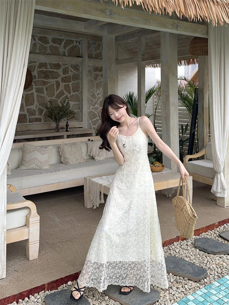 LIZAKOSHT  -  Adjustable Strap Embroidered Dress Women White Sweet Slim Blackless Camis Dress Sexy Off Shoulder Vacation Beach Party Vestidos