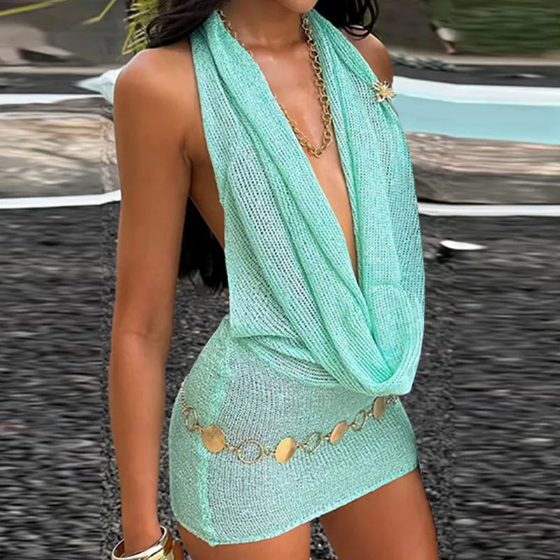 LIZAKOSHT  -  Sexy Green Halter Short Dress Women Slim Lace Up Hollow Out Sleeveless Backless Dresses 2025 Summer Lady Party Beach Robes