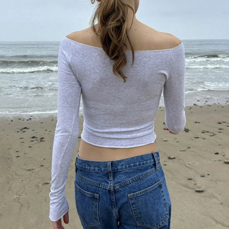 LIZAKOSHT  -  Off Shoulder Crop Tops Women Sexy Slash Neck Long Sleeve Slim T-shirt Casual Basic Y2k Clothing Autumn Black White Tees