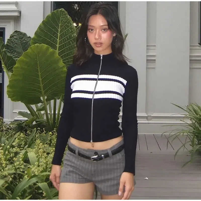 LIZAKOSHT  -  Casual Slim Contrast Knit Cardigan Women Chic Full Sleeve Stand Collar Zipper Short Sweaters Female 2026 Spring Lady Outwears