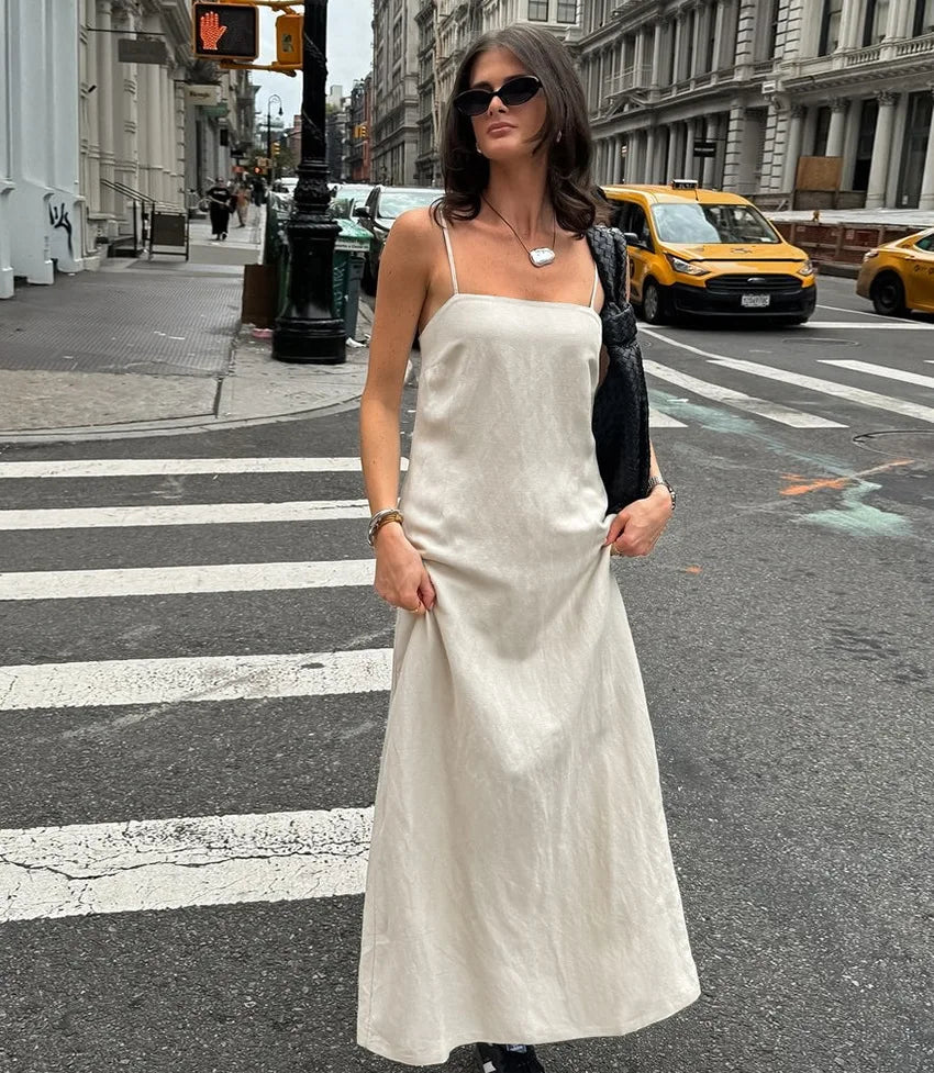 LIZAKOSHT  -  Spring and Summer Commuting Khaki Cotton and Linen Suspender Dress Women's Fashion Loose A-shaped Long Dress
