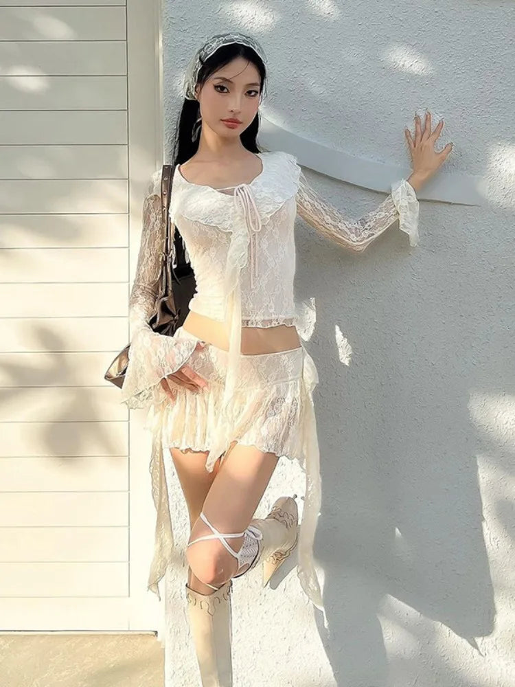 LIZAKOSHT  -  Two Pieces Set Lace Bandage Sexy Streetwear Slim Sweet Crop Tops + Women Y2k Aesthetic Vintage Harajuku Irregular Mini Skirts