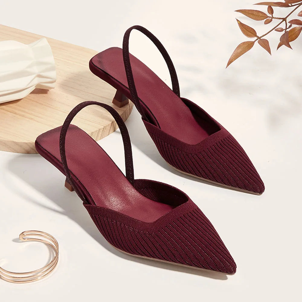 LIZAKOSHT  -  Elegant Black Kitten Heels Slingback Sandals Women Green Yellow Pointed Toe Slip On Knitting Red Office Lady Shoes Big Size 42