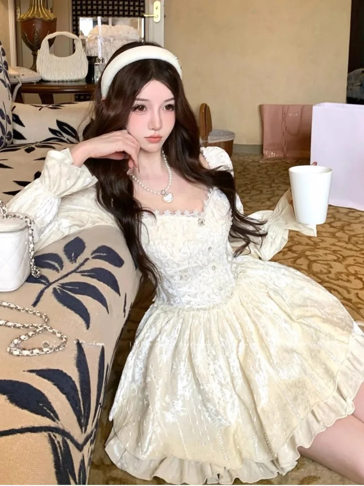 LIZAKOSHT  -  French Sweet Lace Spliced Princess Dress Autumn Long Sleeve Square Collar Beading Vestidos Elegant Retro Evening Party Clothing
