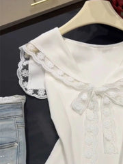 LIZAKOSHT  -  Harajuku Style Navy Collar Lace Trim Tank Top Women Summer New Sweet T-shirt Girl Elegant Bow Waist Cropped Sleeveless Tops