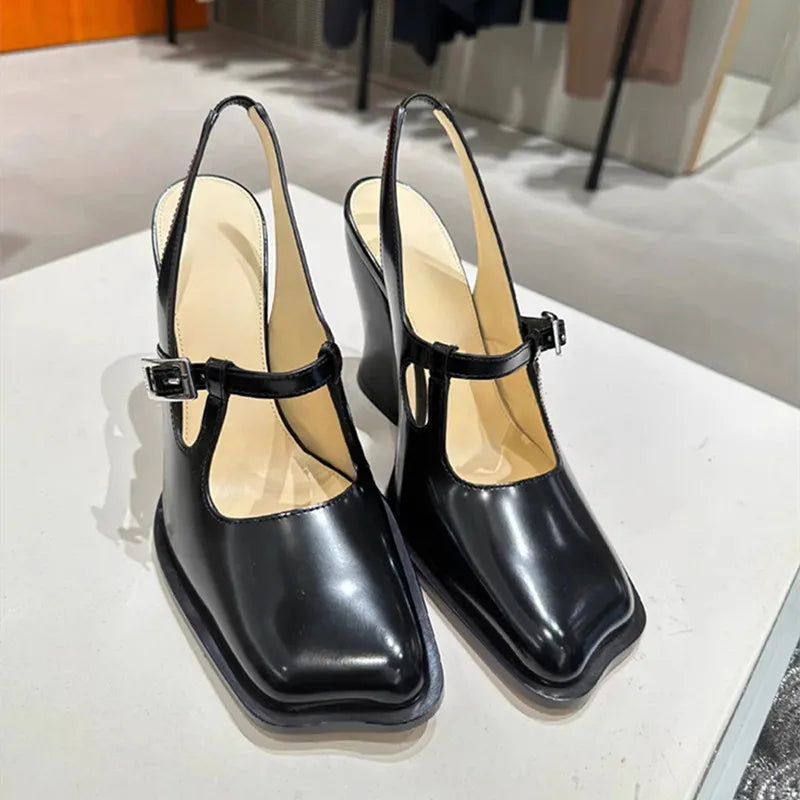 LIZAKOSHT  -  Fashion Black Patent Leather Mary Janes Slingbacks Women Pumps Spring Summer Wave Toe Chunky High Heels Office Lady Daily Shoes