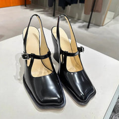 LIZAKOSHT  -  Fashion Black Patent Leather Mary Janes Slingbacks Women Pumps Spring Summer Wave Toe Chunky High Heels Office Lady Daily Shoes