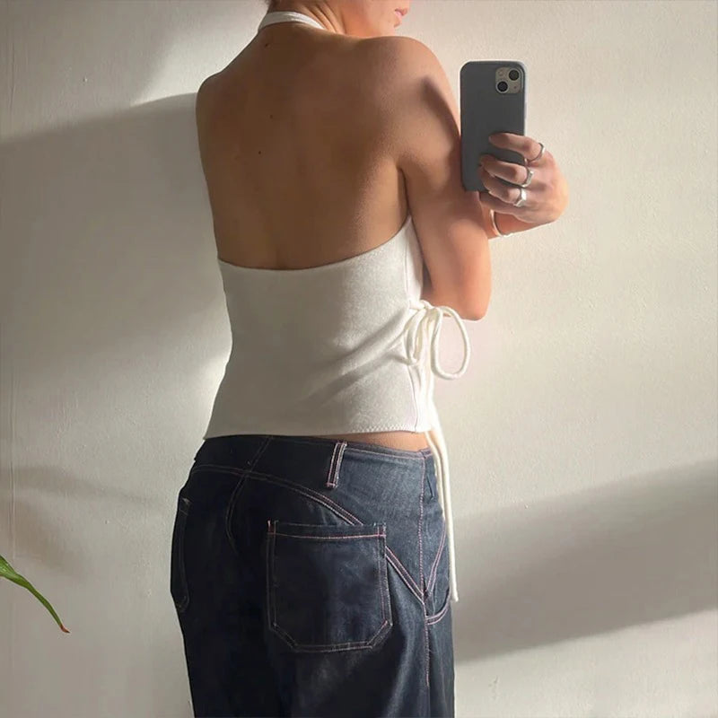 LIZAKOSHT  -  Summer Hot Sexy Halter Backless Asymmetrial Lace Up Solid Crop Top Low Cut Club Streetwear Camisole 2025