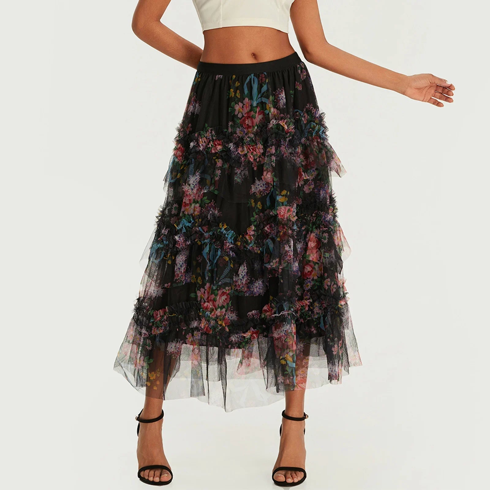 LIZAKOSHT  -  Early Fall Floral Print Ruffle Mesh Skirt Women Irregular Flowy A-line Midi Skirt for Travel, Beach, Shopping