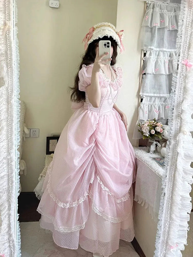 LIZAKOSHT  -  Gentle Pink Puff Sleeve Op Dress Floral Wedding Lolita Waist Slimming Bow Tail