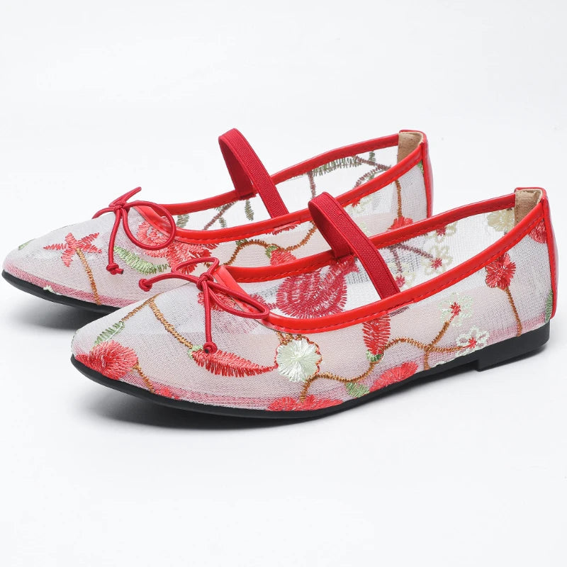 LIZAKOSHT  -  Embroidery Mesh Round Toe Flat Mary Jane Shoes Women Comfort Non-slip Leisure Brand Shallow Sizes 35-43 Soft Sole Ballet Shoes