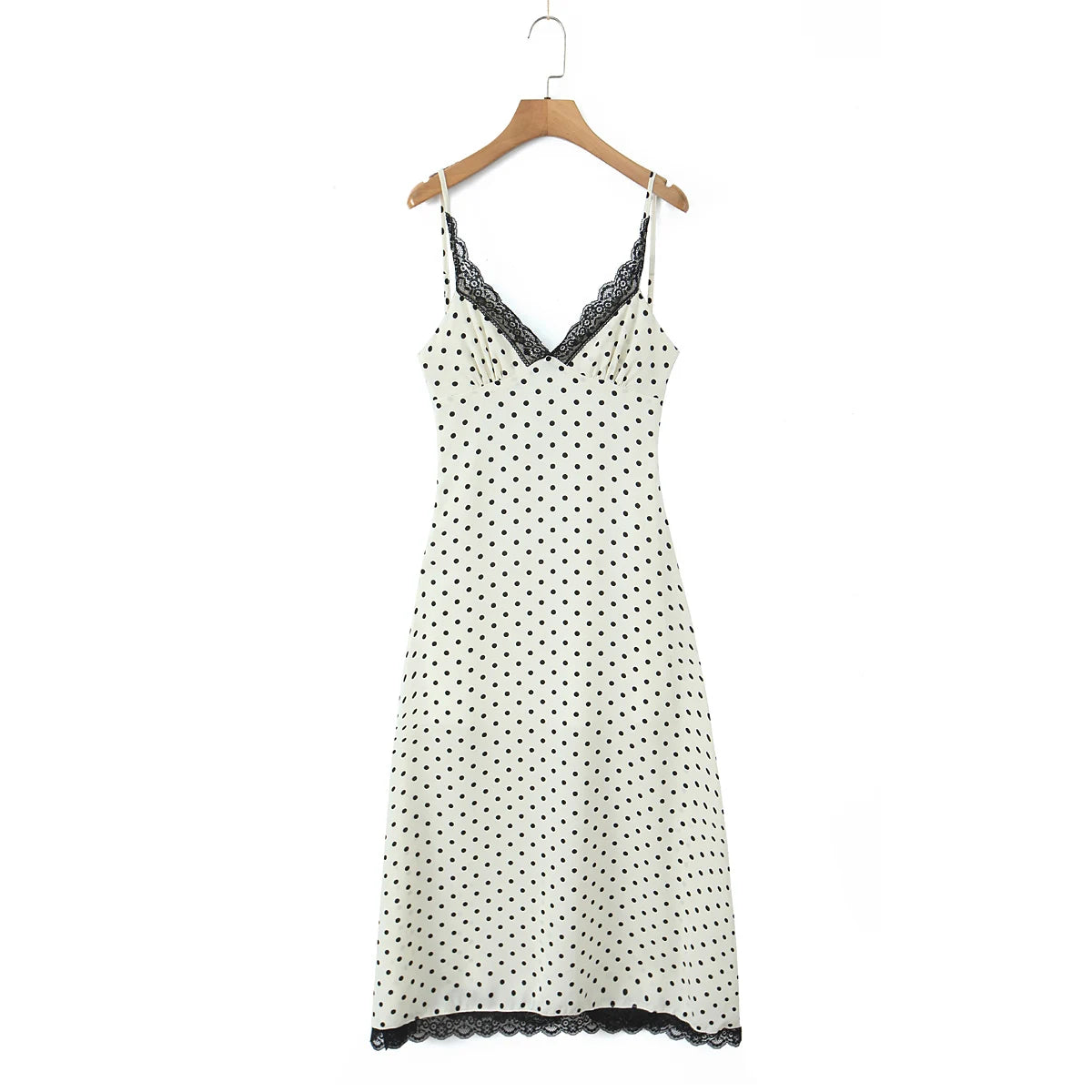 LIZAKOSHT  - Sexy Milky Black Polka Dot Print Spliced Lace Ruched V Neck Sling Dress Women No Back Backless A-line Long Vestidos Robe Holiday