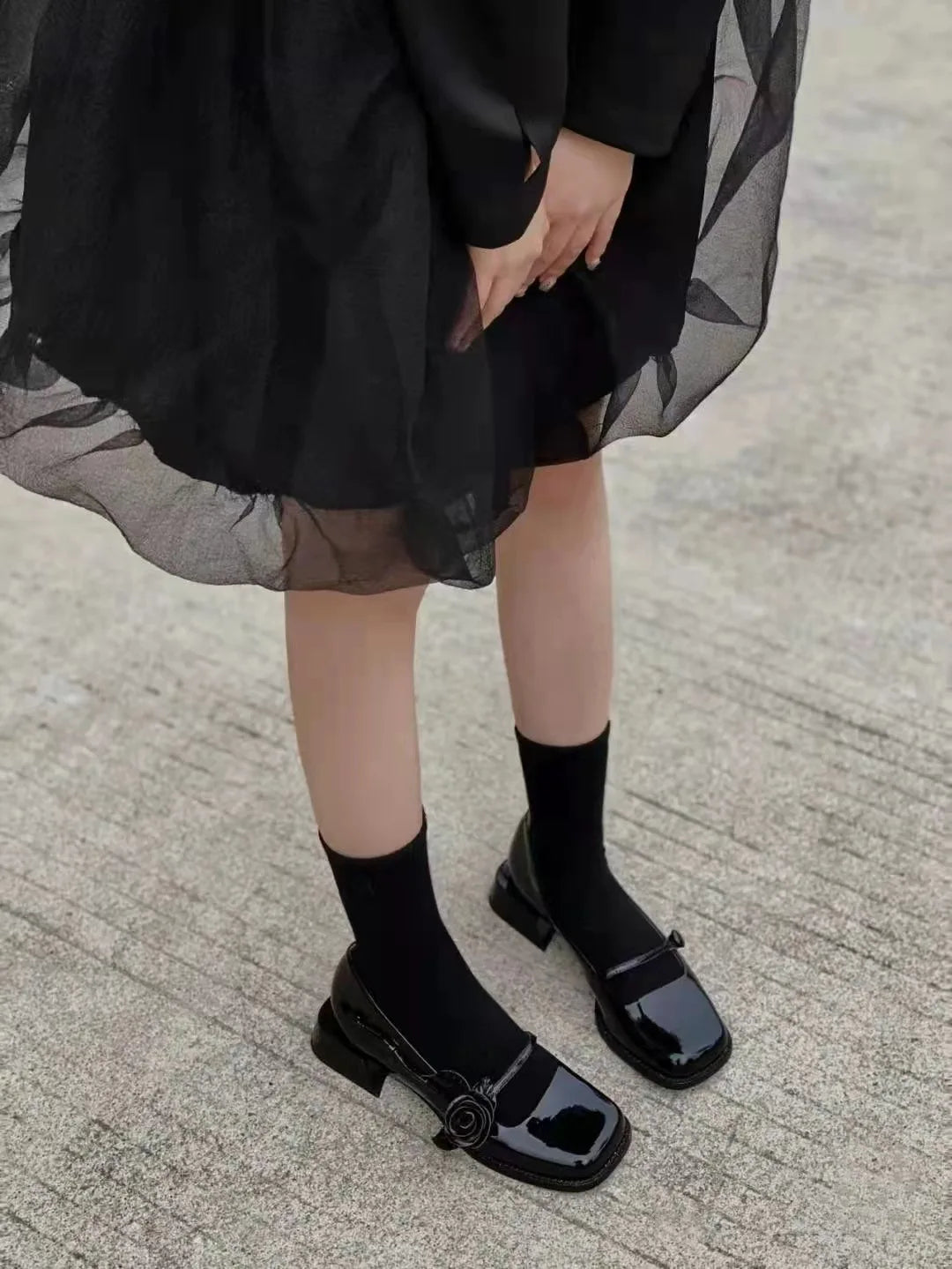 LIZAKOSHT  -  rose flower patent leather shoes woman brand designer sqaure toe pumps female thick heel button strap mary janes talons hauts