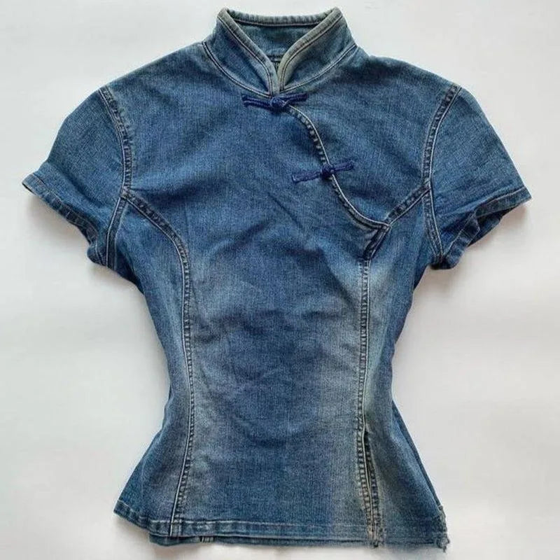 LIZAKOSHT  -  Y2k Chinese Style Denim T Shirt for Women Stand Collar Spring Summer Ropa De Mujer Solid Vintage Versatile Short Tees