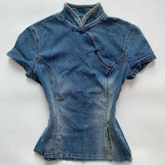 LIZAKOSHT  -  Y2k Chinese Style Denim T Shirt for Women Stand Collar Spring Summer Ropa De Mujer Solid Vintage Versatile Short Tees