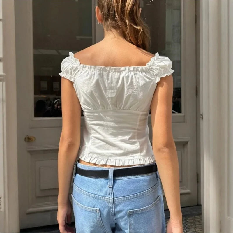 LIZAKOSHT  -  y2k Tank Top Women Summer Clothes Solid Color Cap Sleeve Button Down Slim Fit Frill T Shirt 2000s Vest Streetwear