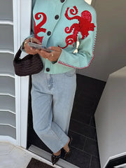 LIZAKOSHT  -  O-Neck Single Breasted Octopus Cardigan Woman Long Sleeve Loose Stitch Short Knit Jackets Casual Versatile Women's New Cardigans