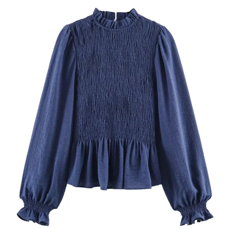 LIZAKOSHT  -  Elastic Ruffles Plaid Shirts Women Causal O-neck Long Sleeve Slim Blouses Tops 2026 Spring New In Female Chic Cute Shirts Cloth