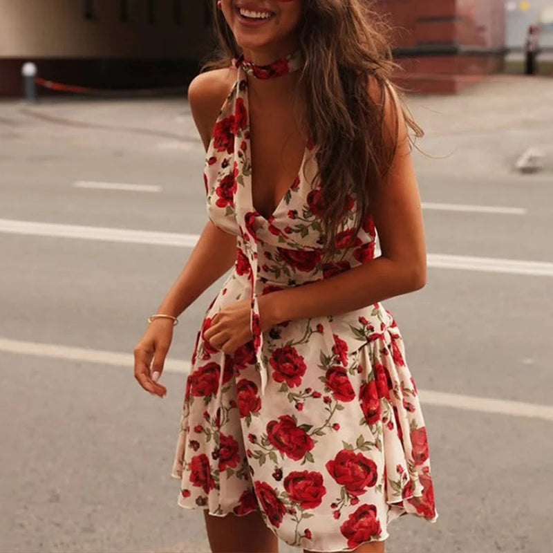LIZAKOSHT  -  Sexy Sweet Rose Printed Halter V Neck High Waisted Sleeveless Backless A-line Short Dresses Chic Vintage Holiday Streetwear
