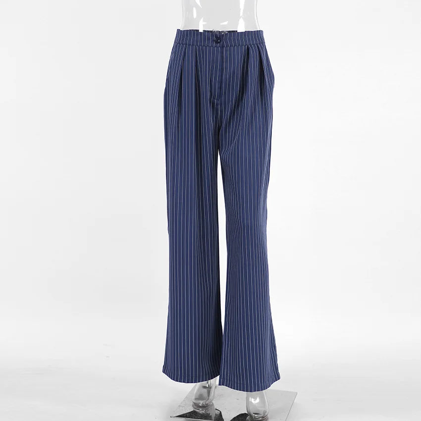 LIZAKOSHT  -  Commuter Style Casual Fashion High Waist Straight Leg Wide Leg Pants Women's Autumn/Winter New Style navy blue Striped trousers
