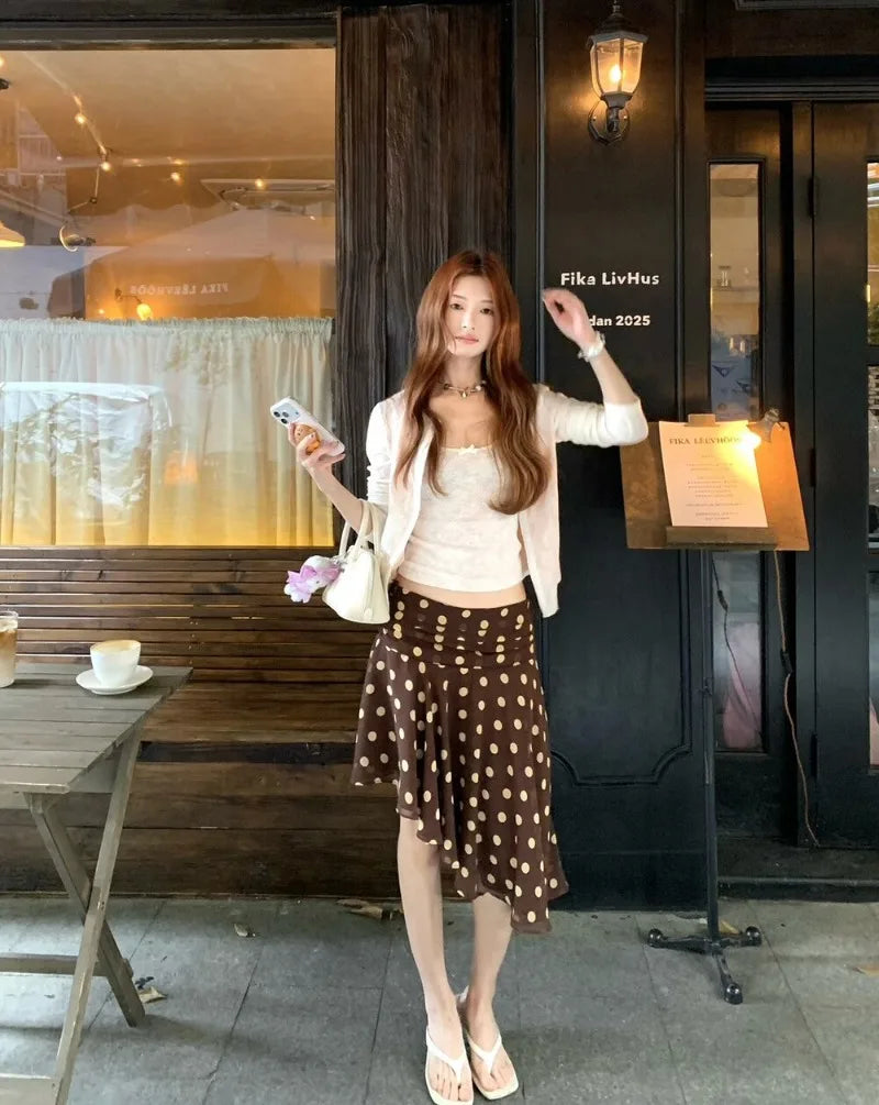 LIZAKOSHT  -  Vintage Dot Print Mini Skirt For Women Summer High Waist Folds Asymmetry Skirts Street Fashion Party Club Casual Skirt New