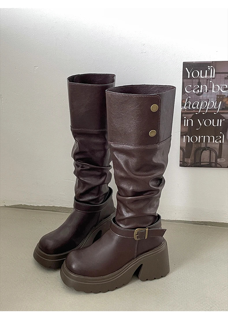 LIZAKOSHT  -  Winter Punk Style Woman Platform Knight Boots Fashion Belt Buckle Shoes Ladies Concise Height Increase Long Booties