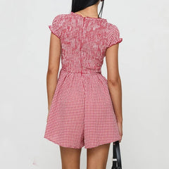 LIZAKOSHT  -  Summer Playsuit Women y2k Clothes Plaid Print Deep V Neck Short Sleeve High Waist Short Jumpsuit 2000s Streetwear