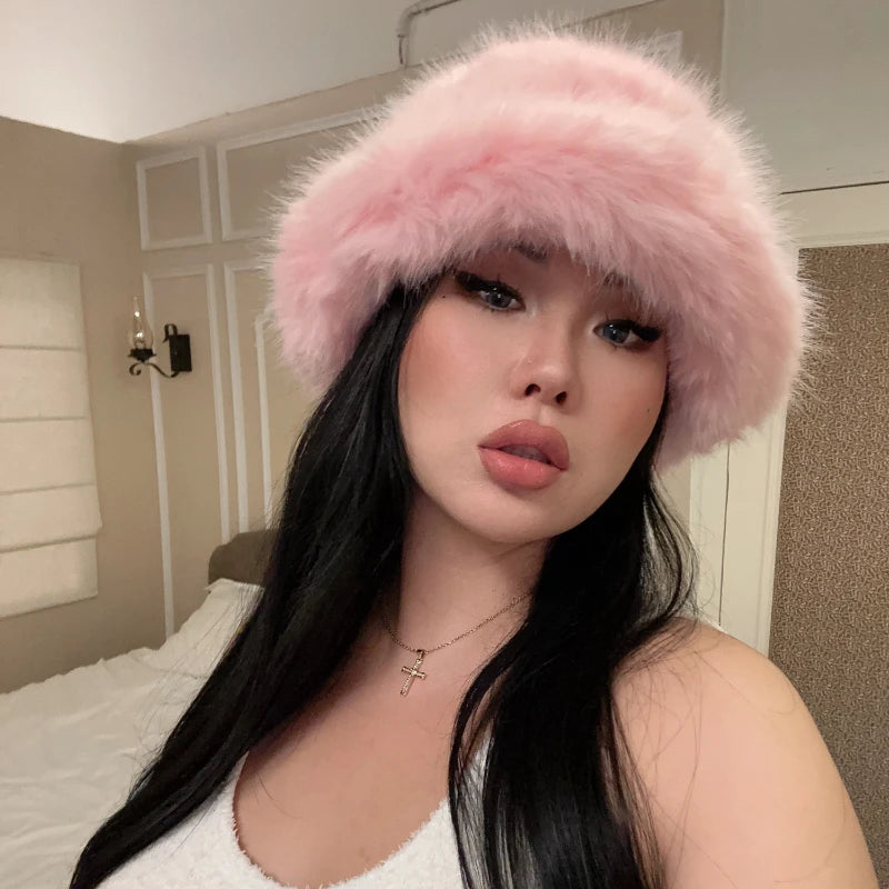 Lizakosht y2k Fluffy Faux Fur Bucket Hat Women Rabbit Fur Warm Thick Plush Winter Hat Lady Luxury Fashion Furry Panama Fisherman Cap