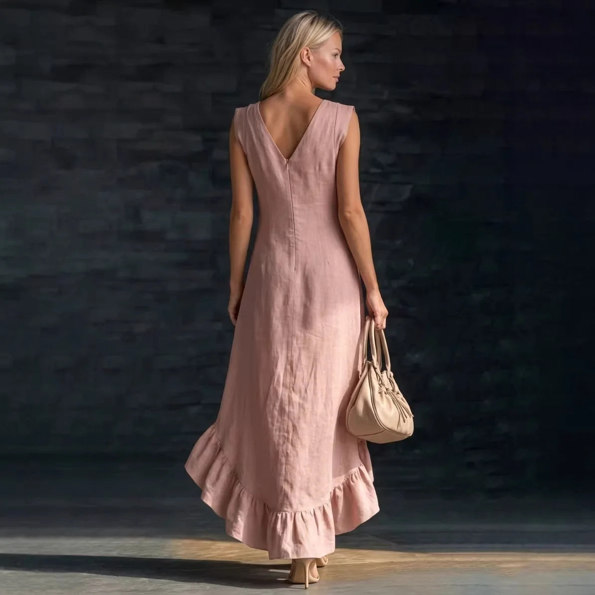 LIZAKOSHT  -  New Fashionable Romantic Sleeveless V-neck Ruffle Hem Cotton and Linen Long Dress