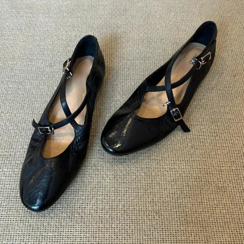 LIZAKOSHT  -  Brand Round Toe Flat Ballet Shoes Women Retro Soft Sole Mary Jane Shoes Cross-tied Comfy Low Heel Dress Shoe Casual Mules Shoes