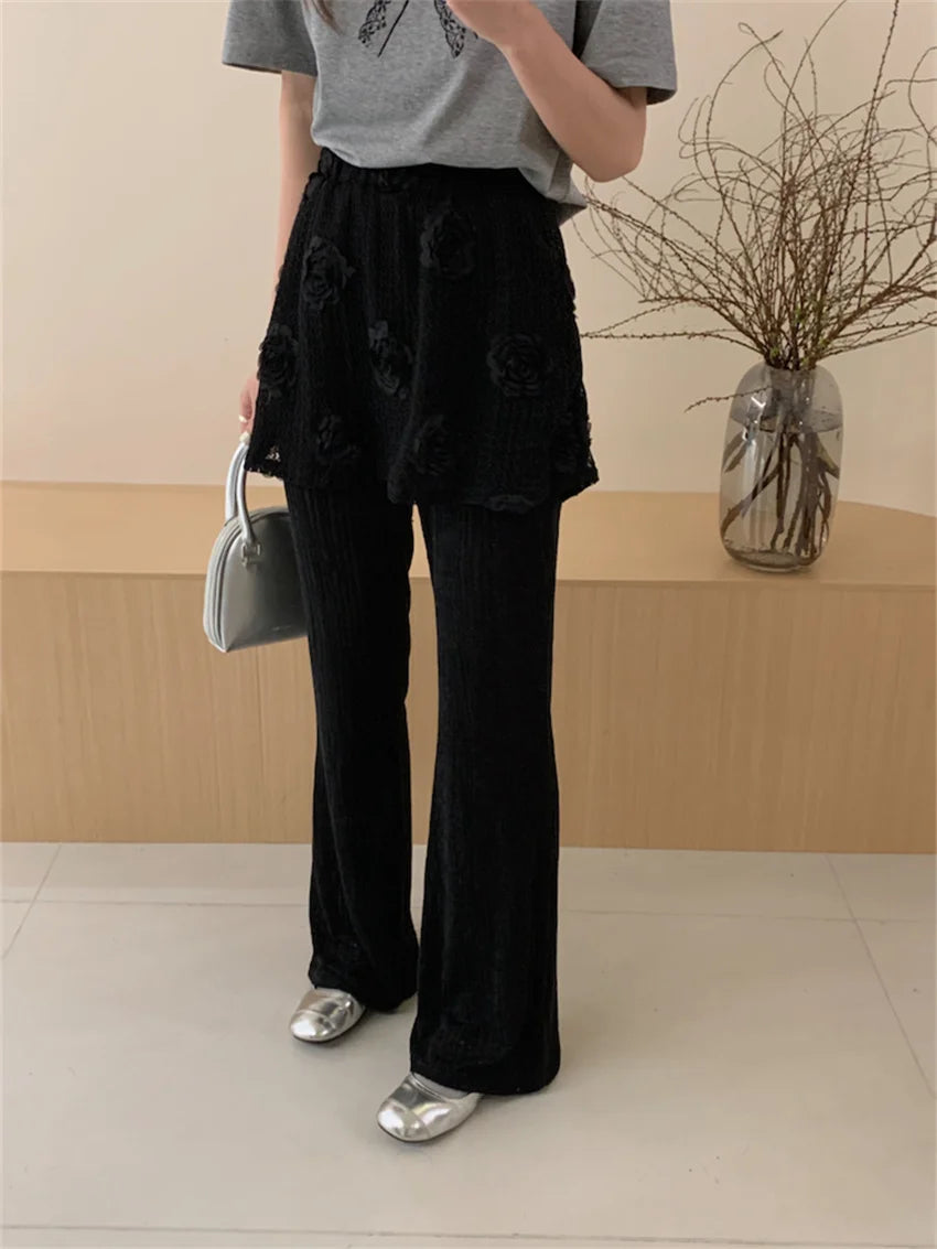 LIZAKOSHT  -  New Slim Flare Fake Two Piece Trousers Women Loose Wide Leg All Match High Street Summer Chic Pants Florals Casual
