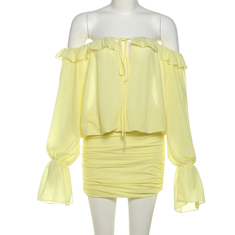 LIZAKOSHT  -  Elegant Sexy Yellow Ruffles Ruched Boydcon Mini Dress Women Lace Up Slash Neck Off Shoulder Flare Long Sleeve Party Clubwear