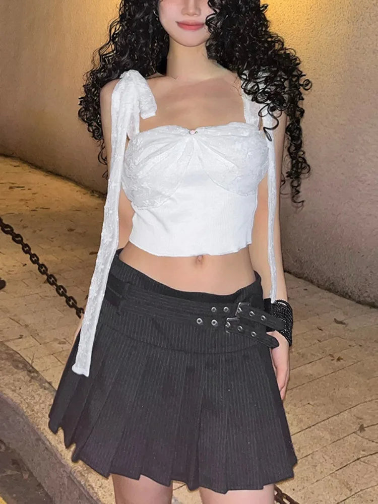 LIZAKOSHT  -  Y2k Aesthetics Lace Patchwork Tank Tops Sweet Bandage Harajuku Crop Vest Streetwear 3D Flower Slim Fit Grunge White E-girl Tanks