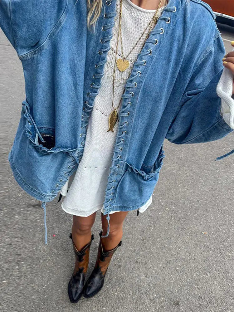 LIZAKOSHT  -  Fashion Women's Blue Denim Coat V-neck Loose Big Pockets Lace Up Bandage Jackets Female 2025 Autumn Lady All-matching Outwears