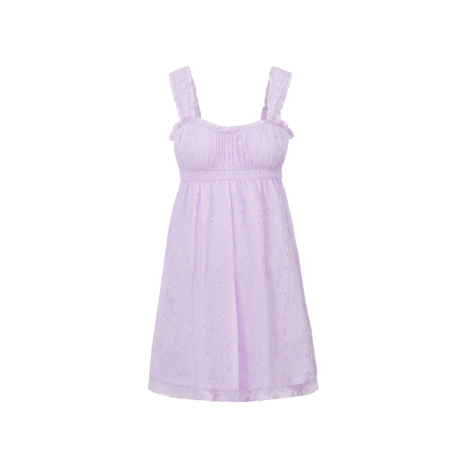 LIZAKOSHT  -  Ruffles Hem Babydoll A-line Dress Vintage Eyelet Mini Dress Women Sleeveless Square Neck Ruched Bust Flowy Dress
